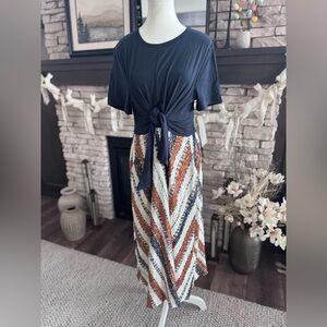Navy Tie-Front Top with Striped Maxi Skirt